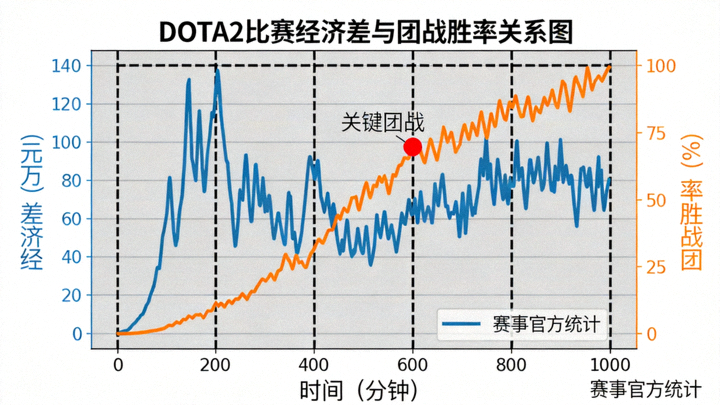 DOTA2比赛经济差曲线与团战胜率数据图表展示