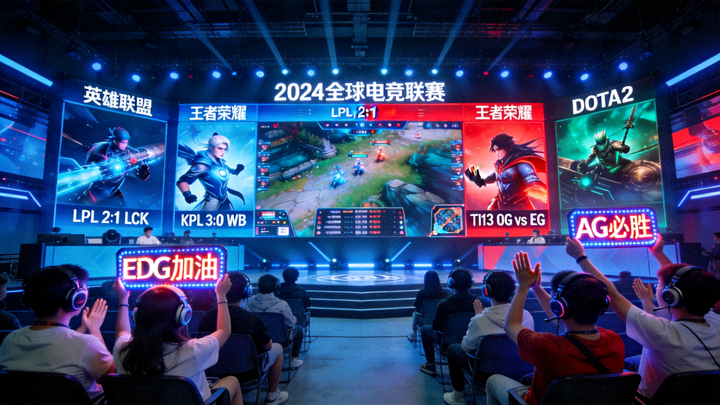 多项目电竞赛事现场大屏展示与观众观赛场景