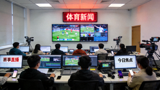 体育新闻编辑室与赛事资讯内容制作场景